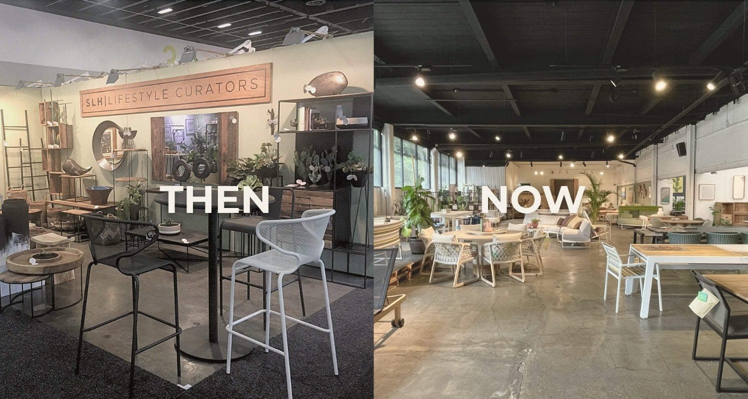 Comparison of a SLH Furniture's start at trade shows and personal showroom 'then' and 'now' with modernized design.